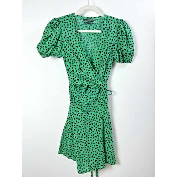 Urban Outfitters Kelly Green Dalmation Preppy Hipster Coquette Wrap Mini Dress - Picture 2 of 10